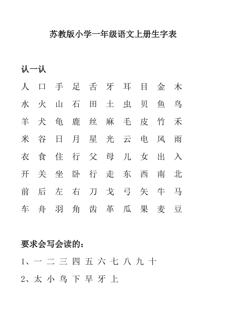 苏教版小学一年级语文上册生字表_第1页