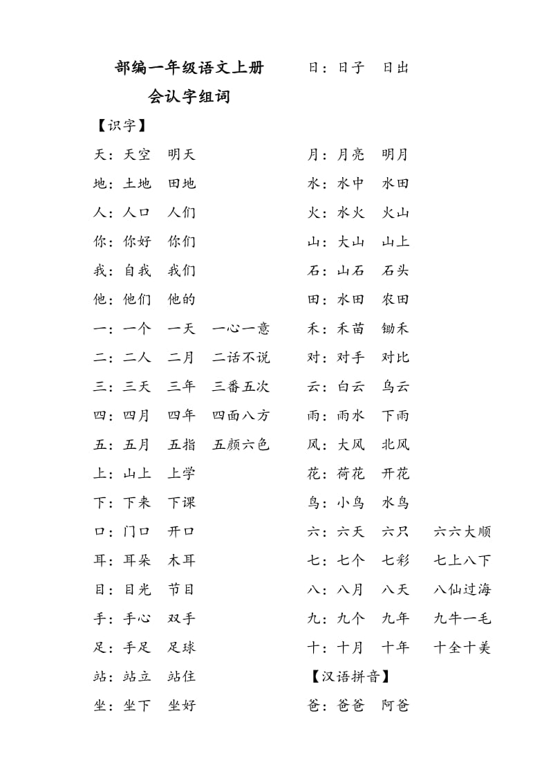 部编一年级语文上册会认字组词_第1页