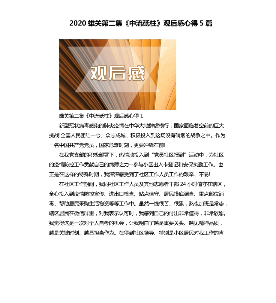 2020雄关第二集《中流砥柱》观后感心得5篇.docx_第1页