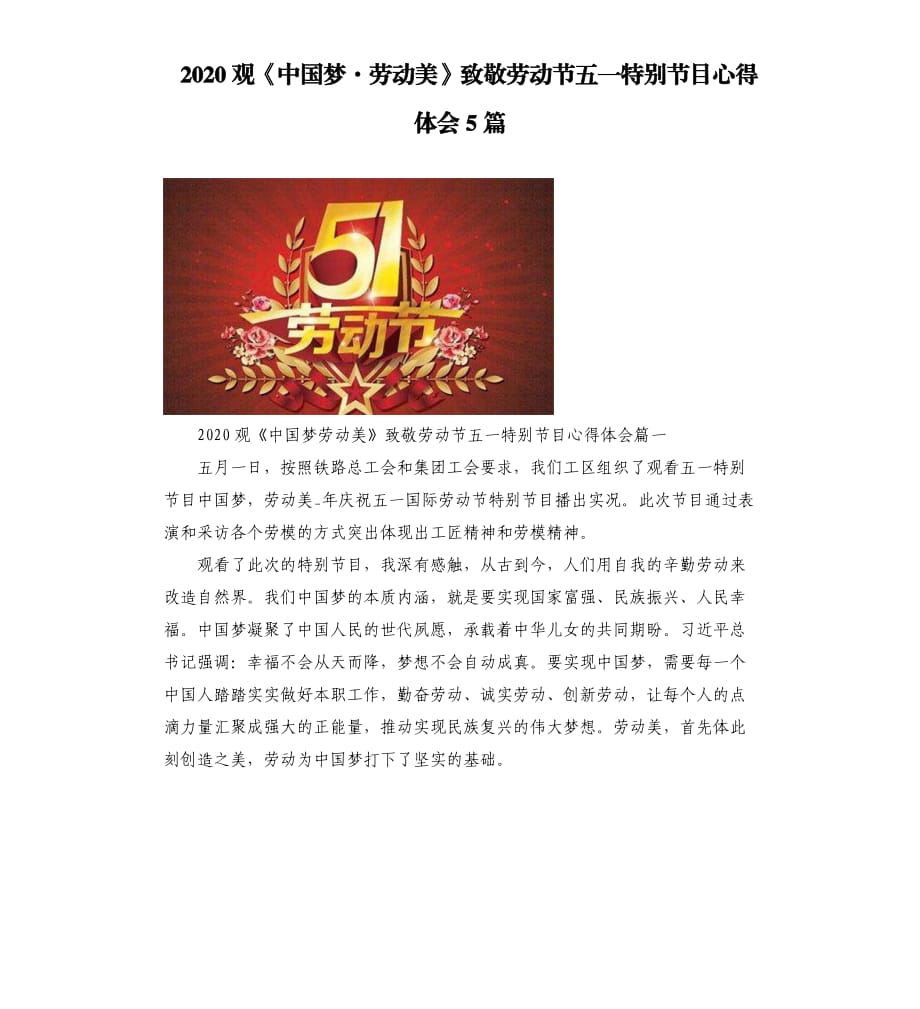 2020观《中国梦·劳动美》致敬劳动节五一特别节目心得体会5篇.docx_第1页