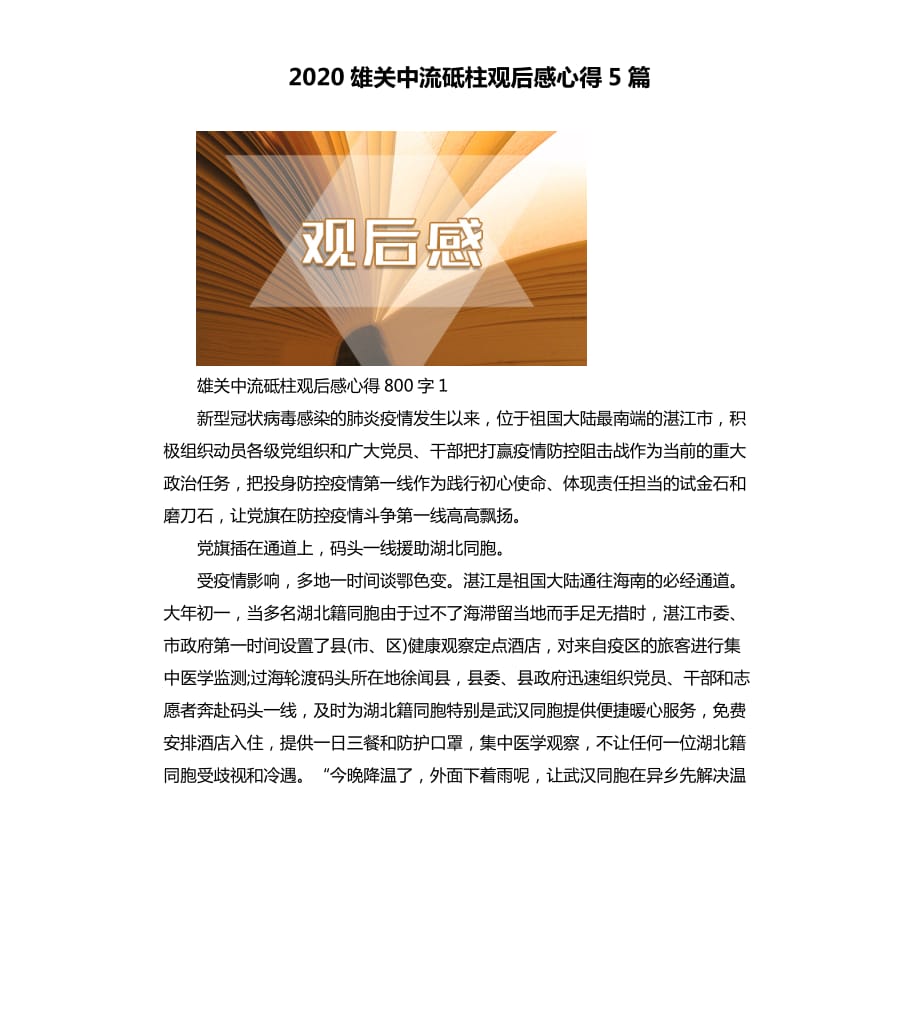 2020雄关中流砥柱观后感心得5篇.docx_第1页