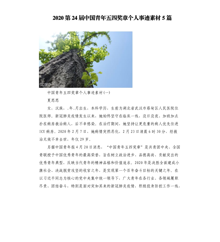 2020第24届中国青年五四奖章个人事迹素材5篇.docx_第1页