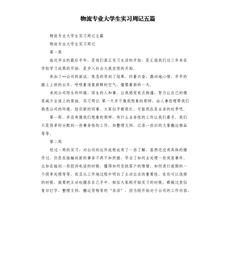 物流專業(yè)大學(xué)生實習(xí)周記五篇.docx_第1頁