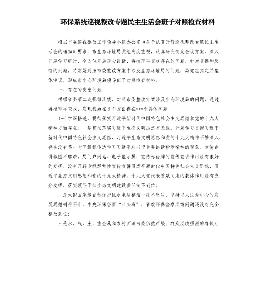 环保系统巡视整改专题民主生活会班子对照检查材料.docx_第1页