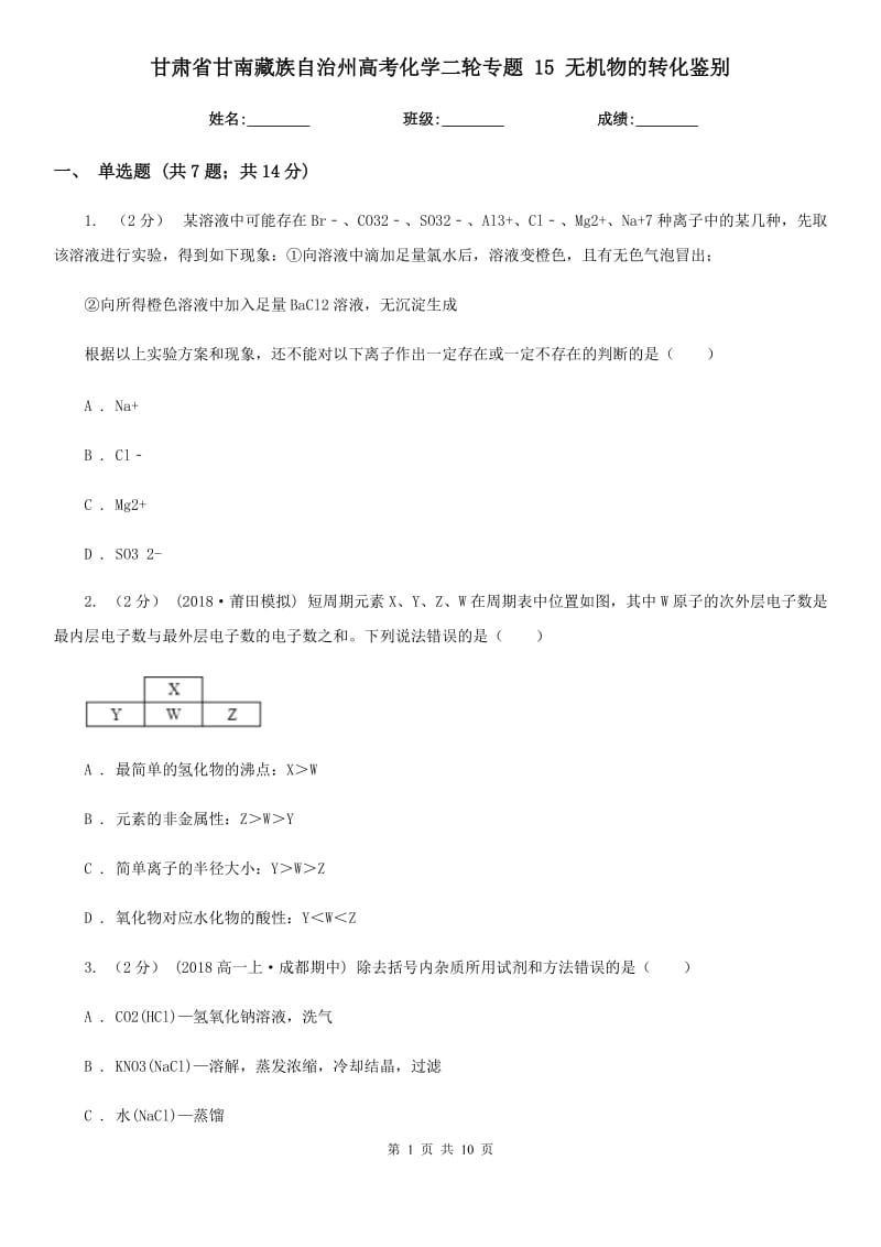 甘肅省甘南藏族自治州高考化學二輪專題 15 無機物的轉化鑒別_第1頁