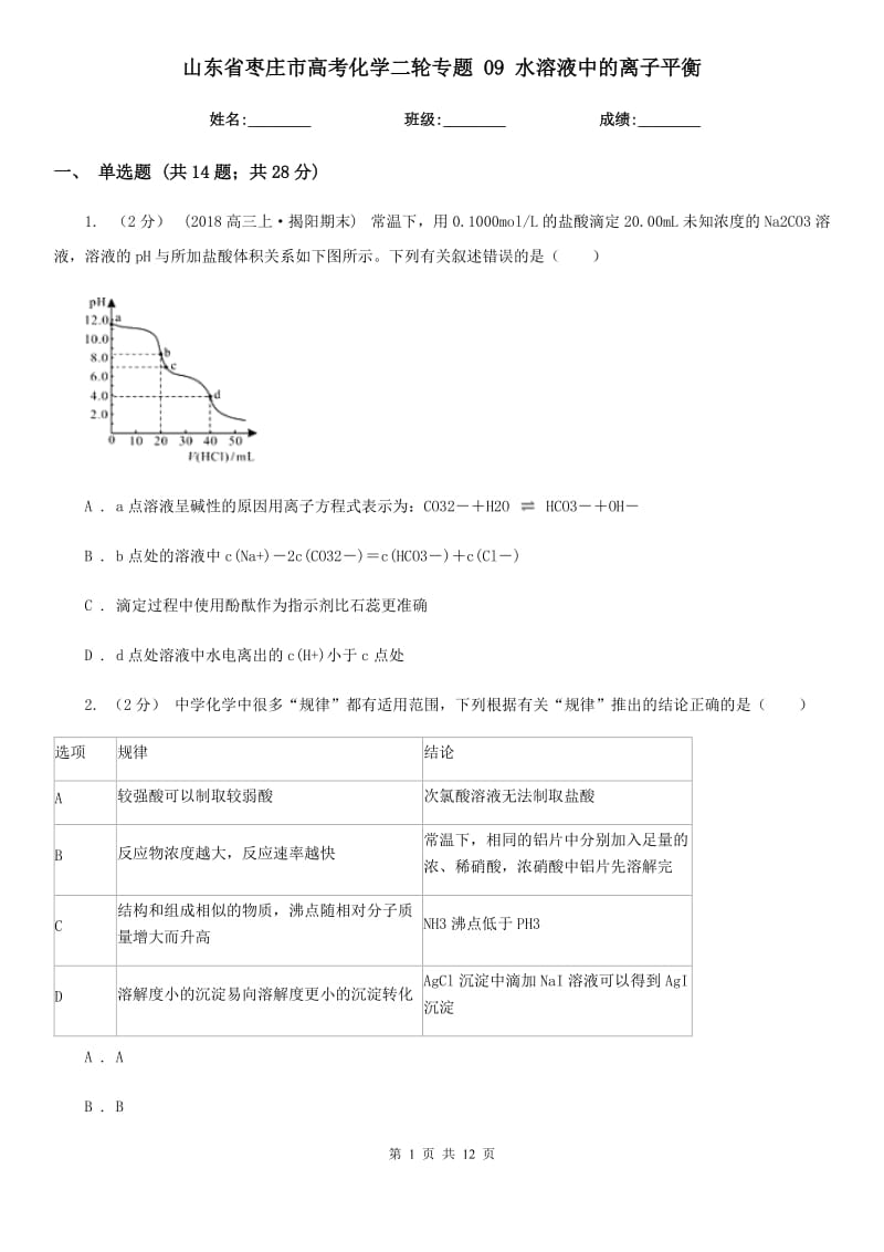 山東省棗莊市高考化學(xué)二輪專題 09 水溶液中的離子平衡_第1頁