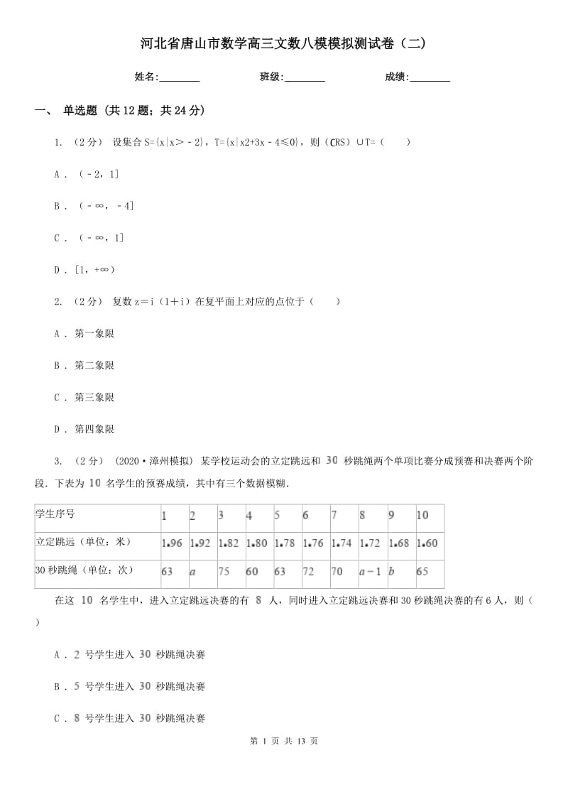 河北省唐山市数学高三文数八模模拟测试卷（二)_第1页