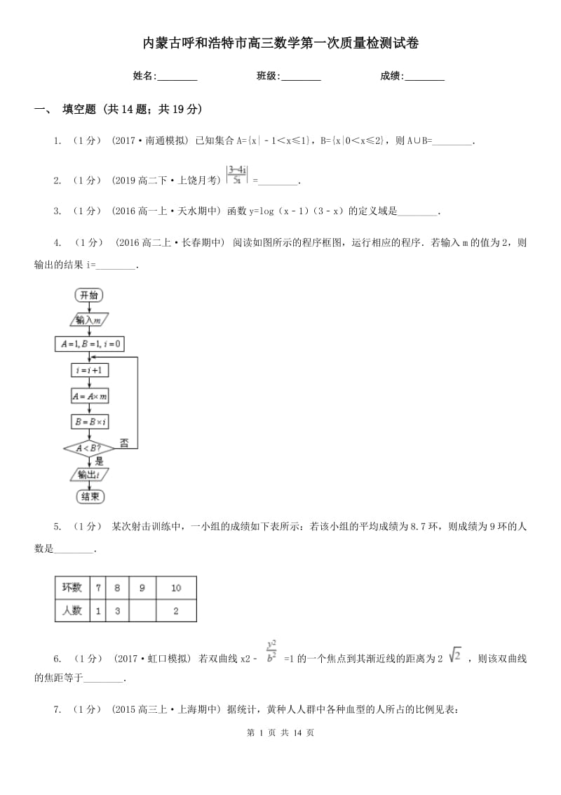 内蒙古呼和浩特市高三数学第一次质量检测试卷_第1页