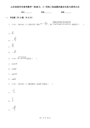 山東省濱州市高考數(shù)學(xué)一輪復(fù)習(xí)：17 同角三角函數(shù)的基本關(guān)系與誘導(dǎo)公式