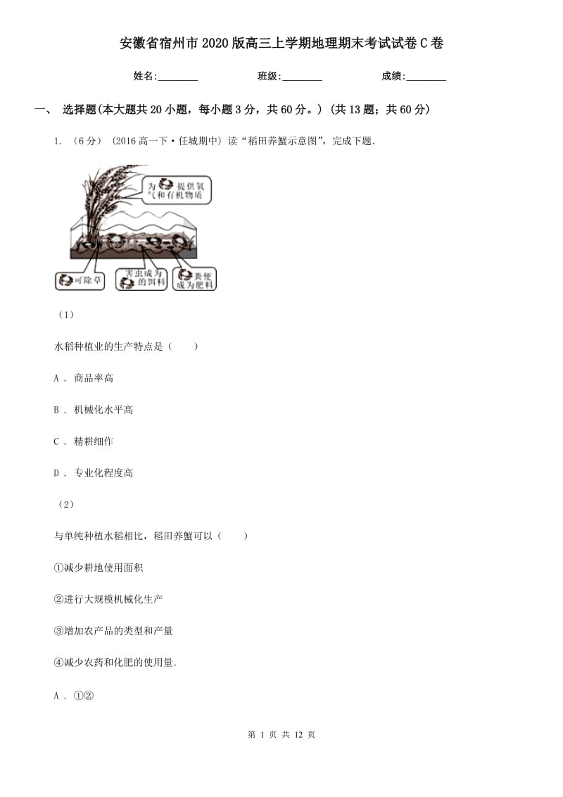 安徽省宿州市2020版高三上学期地理期末考试试卷C卷_第1页