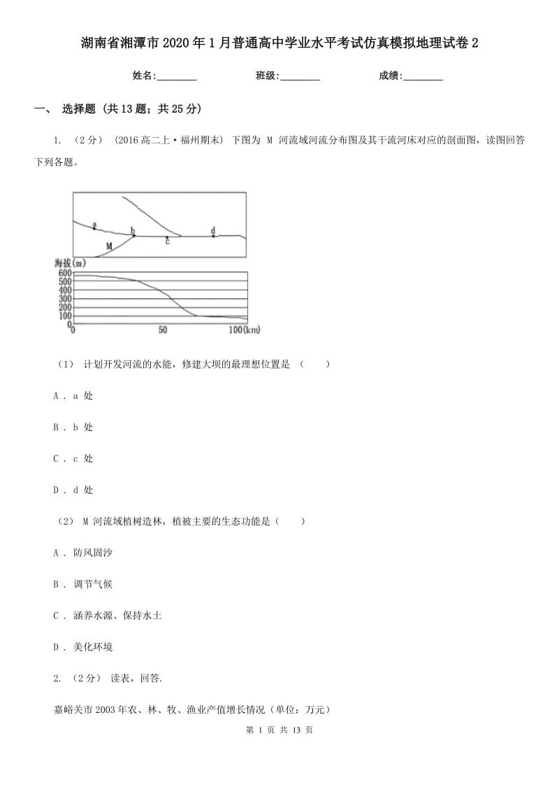 湖南省湘潭市2020年1月普通高中學(xué)業(yè)水平考試仿真模擬地理試卷2_第1頁