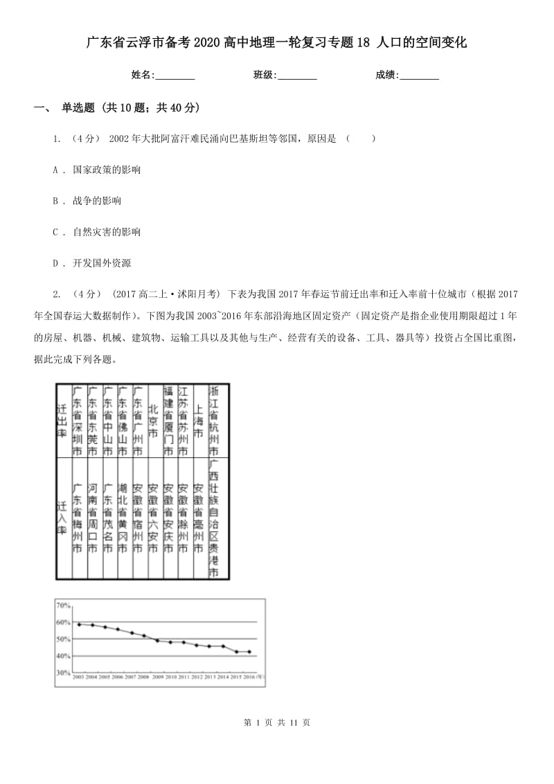 廣東省云浮市備考2020高中地理一輪復(fù)習(xí)專題18 人口的空間變化_第1頁