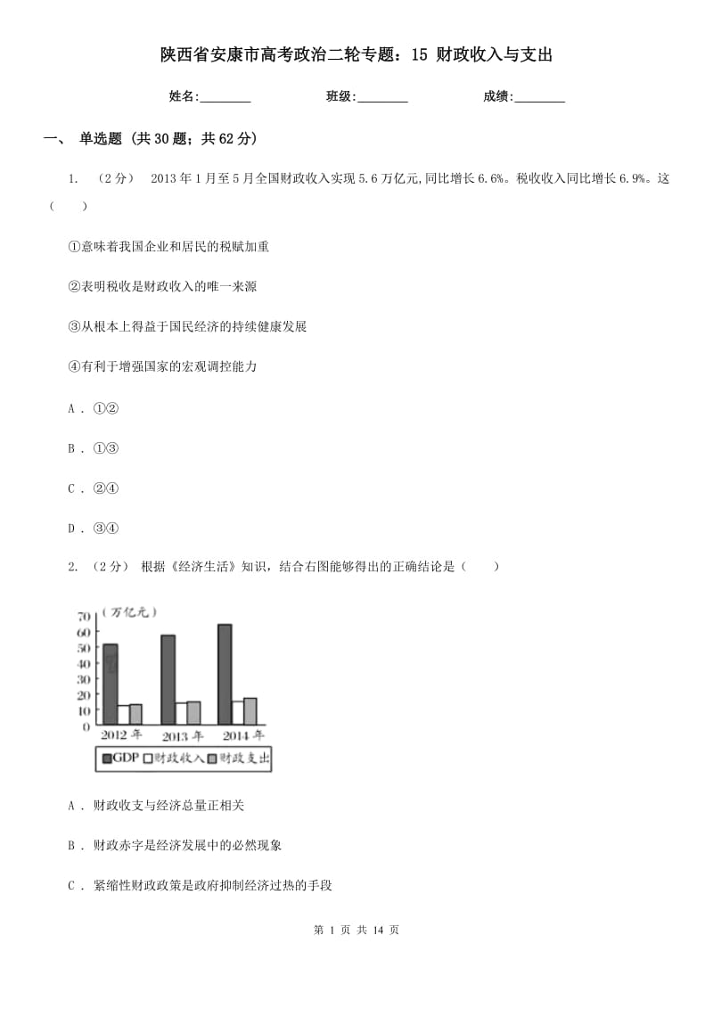 陜西省安康市高考政治二輪專題：15 財(cái)政收入與支出_第1頁(yè)