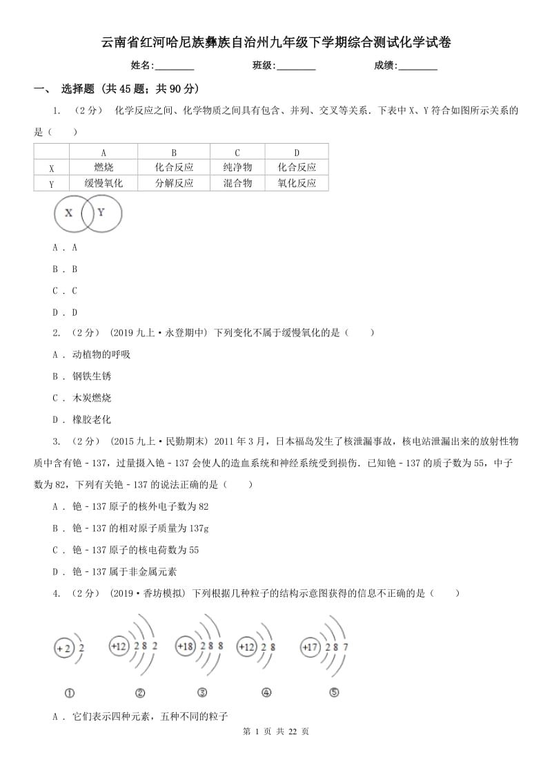 云南省红河哈尼族彝族自治州九年级下学期综合测试化学试卷_第1页