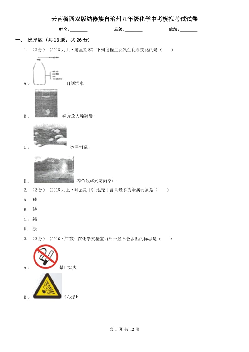 云南省西双版纳傣族自治州九年级化学中考模拟考试试卷_第1页