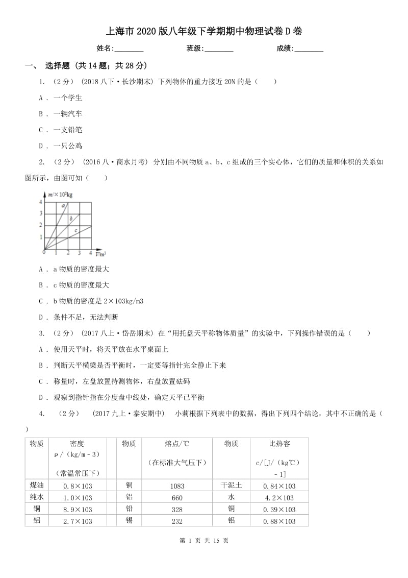 上海市2020版八年级下学期期中物理试卷D卷_第1页