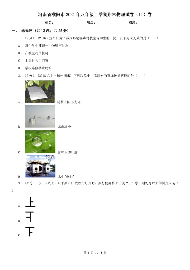 河南省濮阳市2021年八年级上学期期末物理试卷（II）卷_第1页