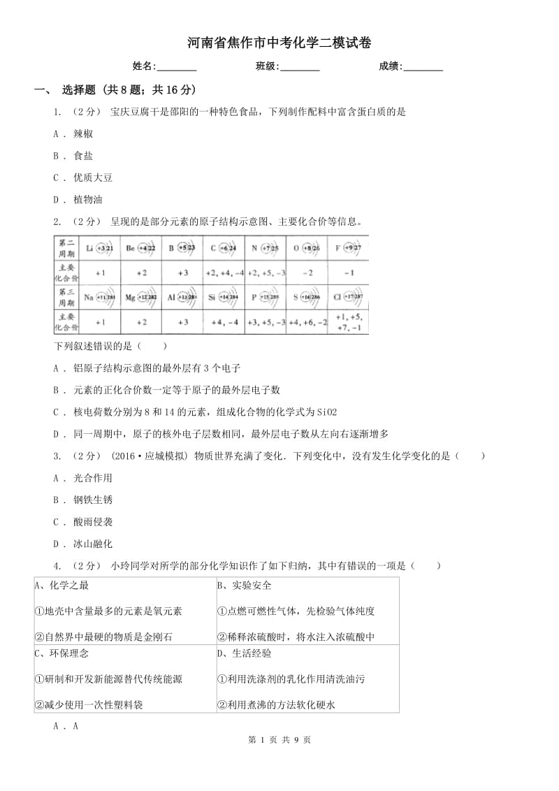 河南省焦作市中考化學(xué)二模試卷_第1頁