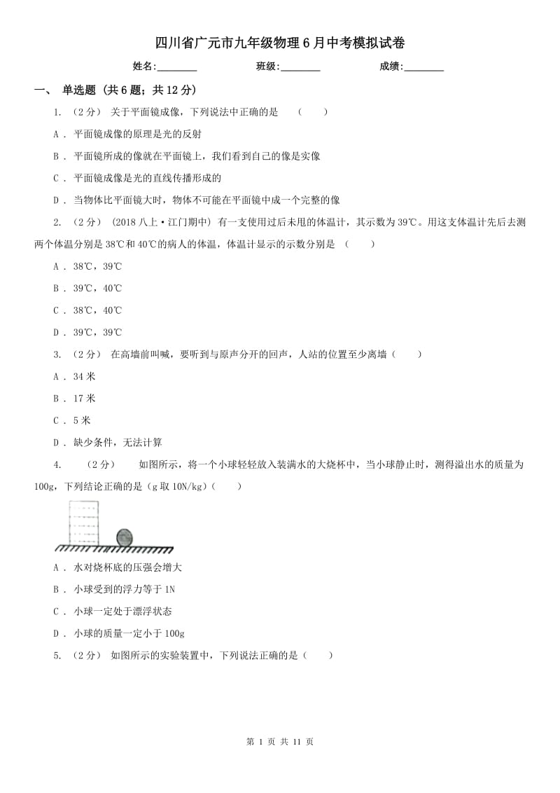 四川省广元市九年级物理6月中考模拟试卷_第1页