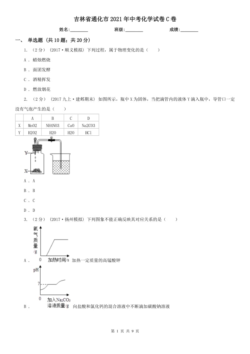 吉林省通化市2021年中考化學(xué)試卷C卷_第1頁