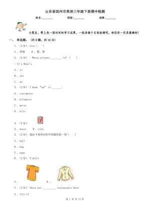 山東省濱州市英語三年級下冊期中檢測