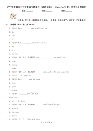 遼寧省盤錦市小升初英語專題復(fù)習(xí)（語法專練）：there be句型、同義句及倒裝句