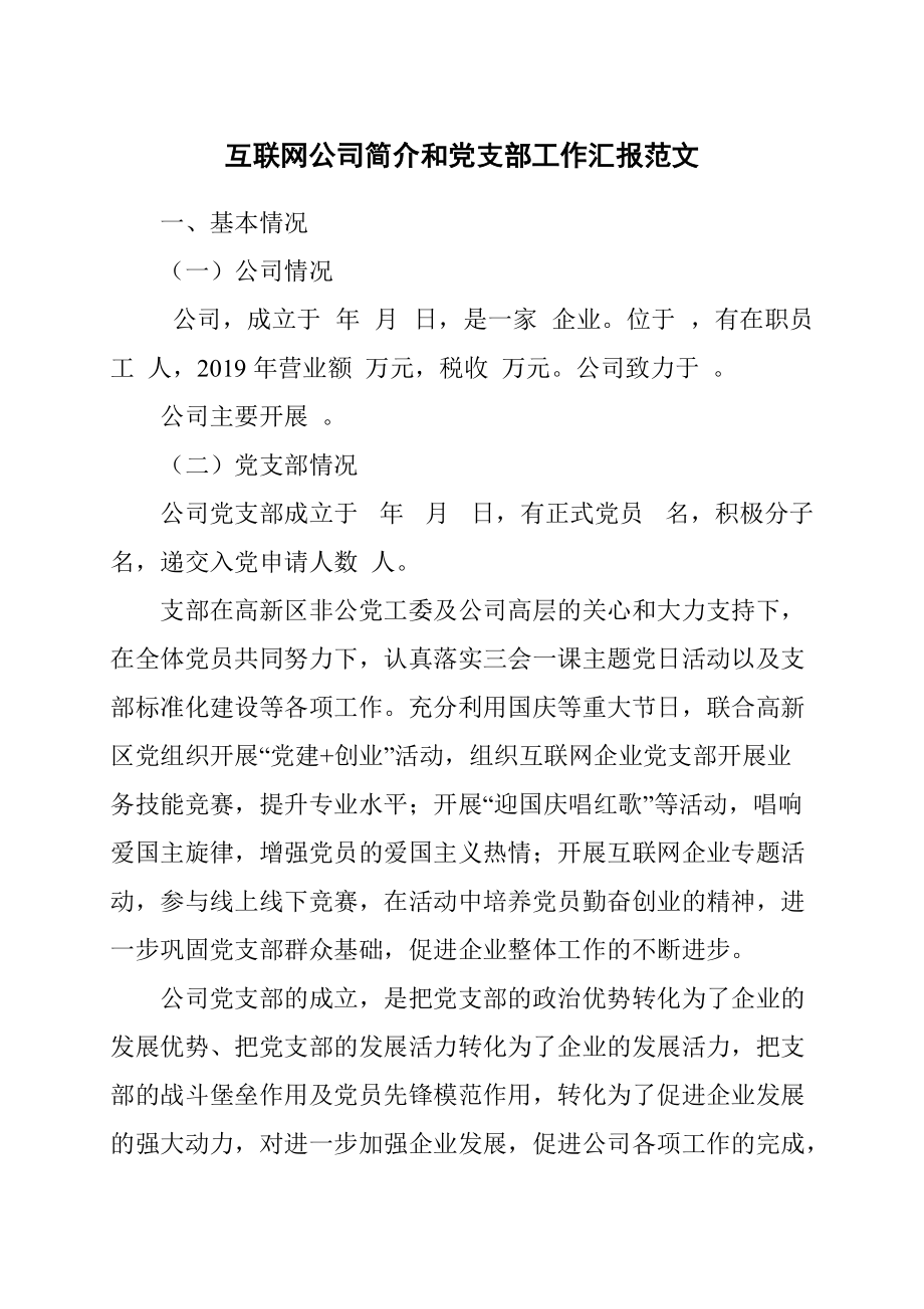 互联网公司简介和党支部工作汇报范文_第1页