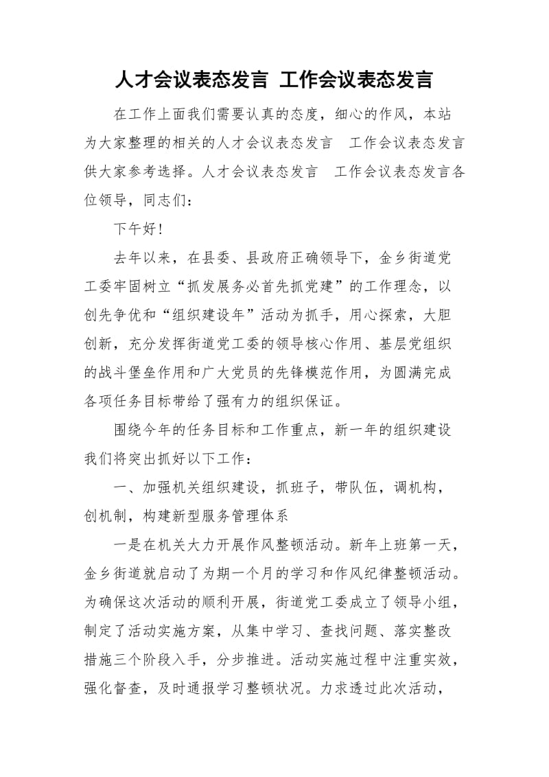 人才会议表态发言 工作会议表态发言_第1页