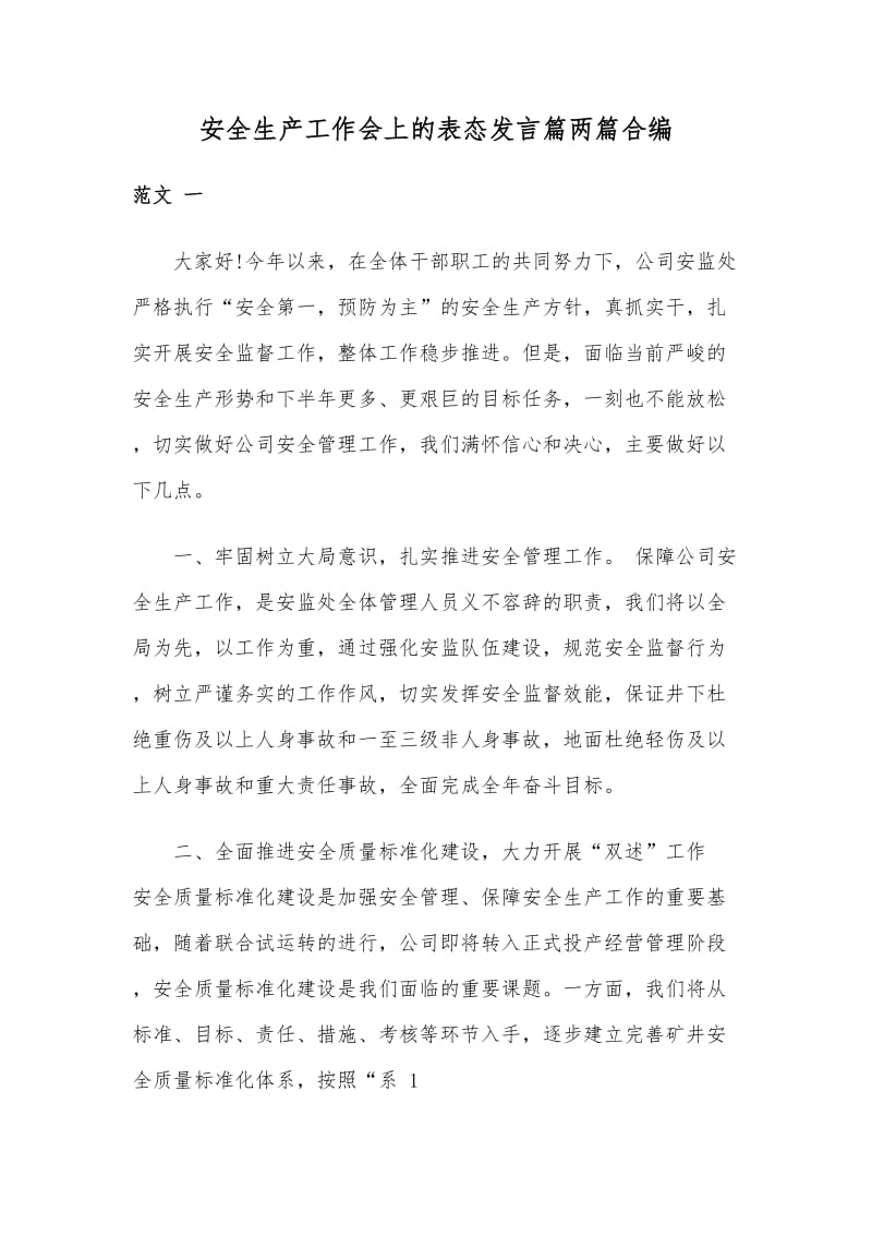 安全生产工作会上的表态发言篇两篇合编_第1页