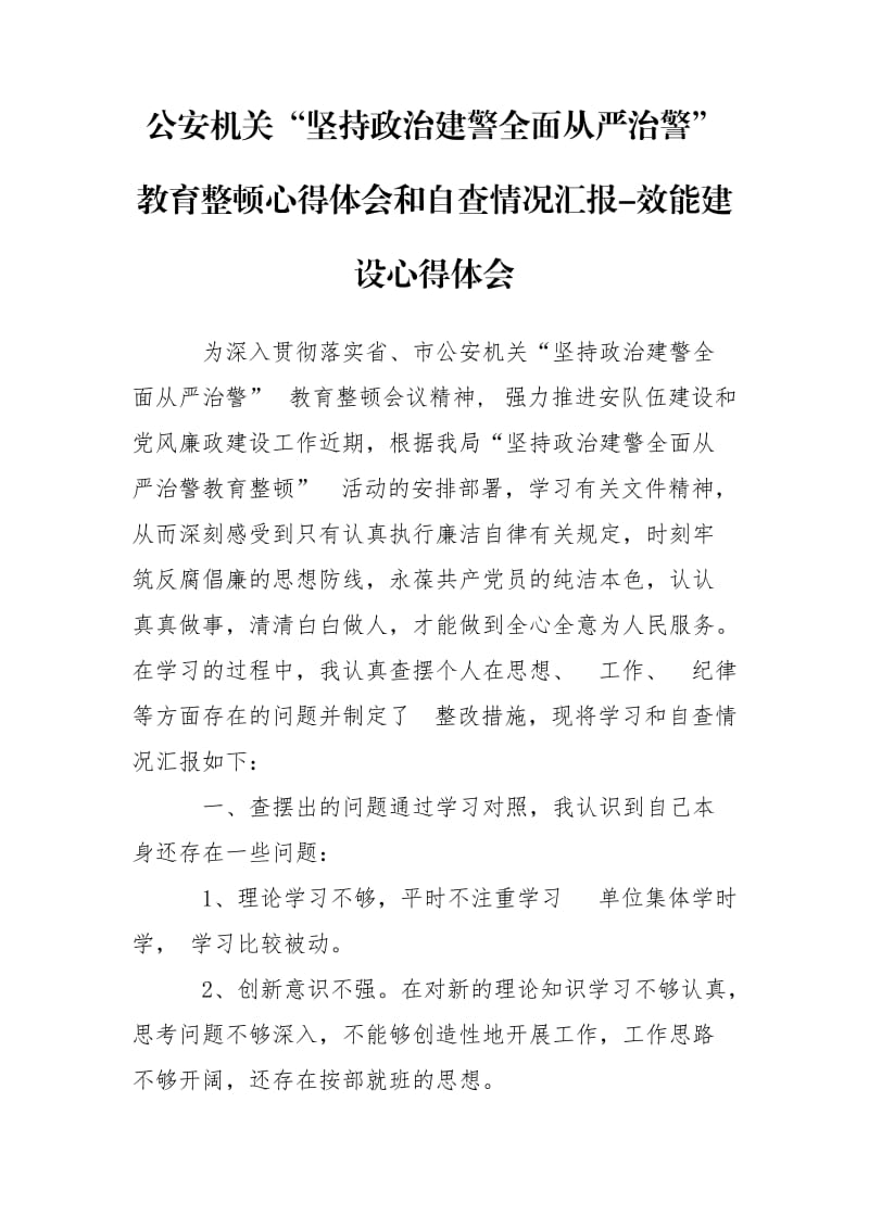 公安機關“堅持政治建警全面從嚴治警” 教育整頓心得體會和自查情況匯報-效能建設心得體會_第1頁