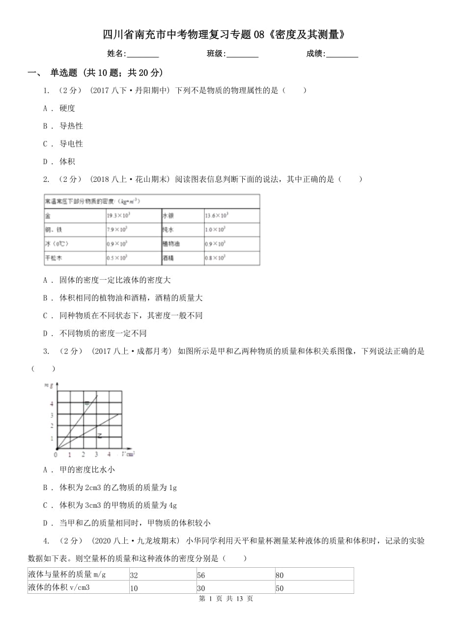 四川省南充市中考物理復(fù)習(xí)專題08《密度及其測(cè)量》_第1頁(yè)