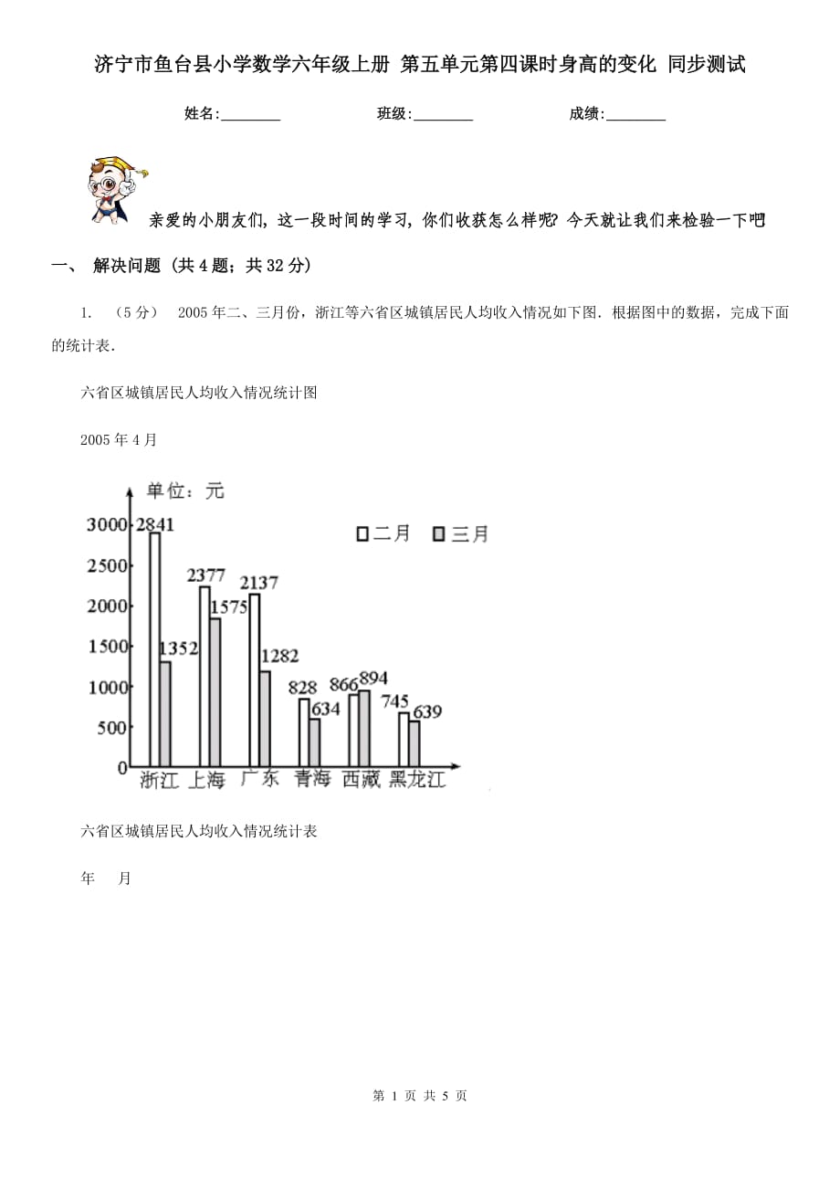 濟(jì)寧市魚臺縣小學(xué)數(shù)學(xué)六年級上冊 第五單元第四課時身高的變化 同步測試_第1頁