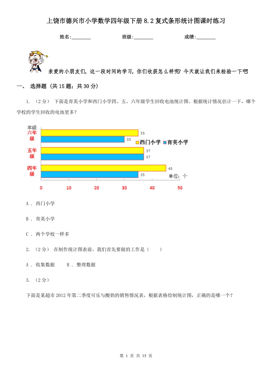 上饶市德兴市小学数学四年级下册8.2复式条形统计图课时练习_第1页