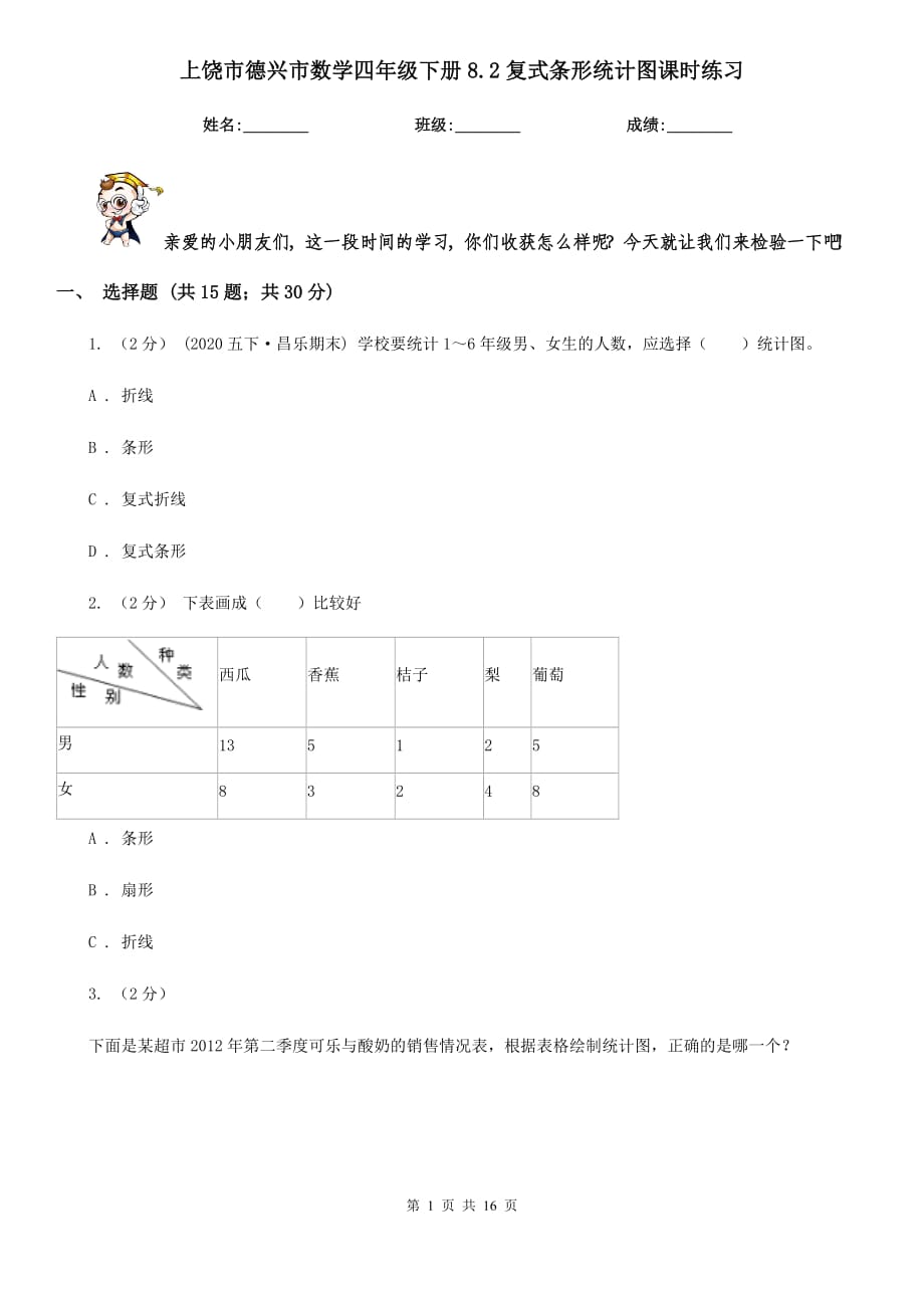 上饶市德兴市数学四年级下册8.2复式条形统计图课时练习_第1页