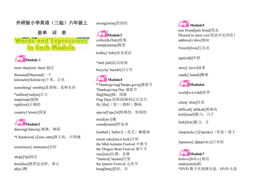 外研版小学英语三起六年级上册单词表含音标_第1页