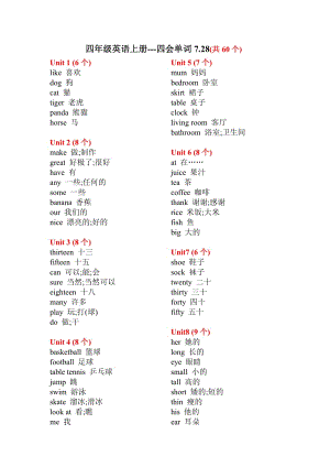 2013年譯林版四年級英語上冊-四會單詞7.28共60個