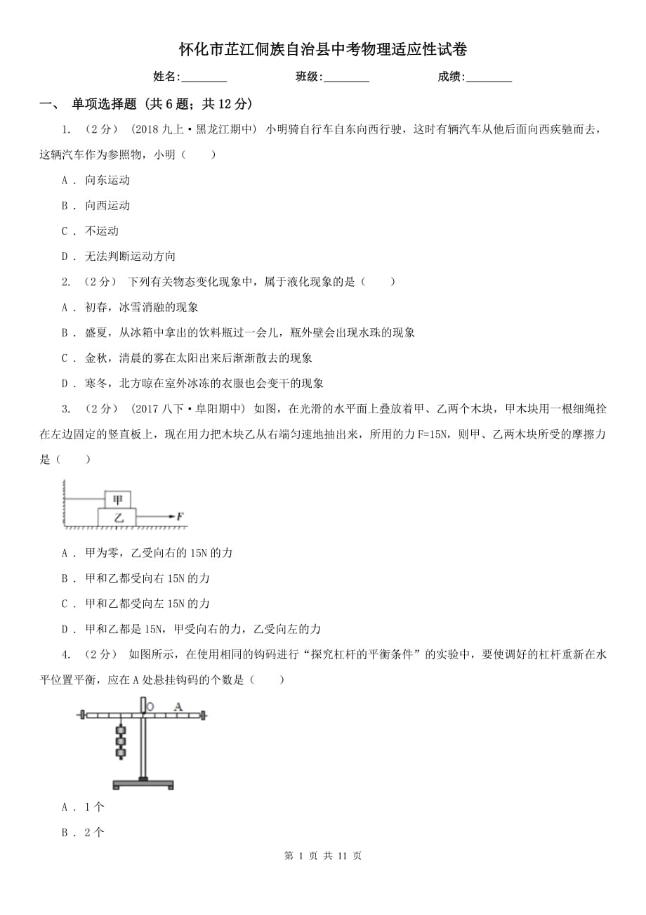 懷化市芷江侗族自治縣中考物理適應(yīng)性試卷_第1頁(yè)