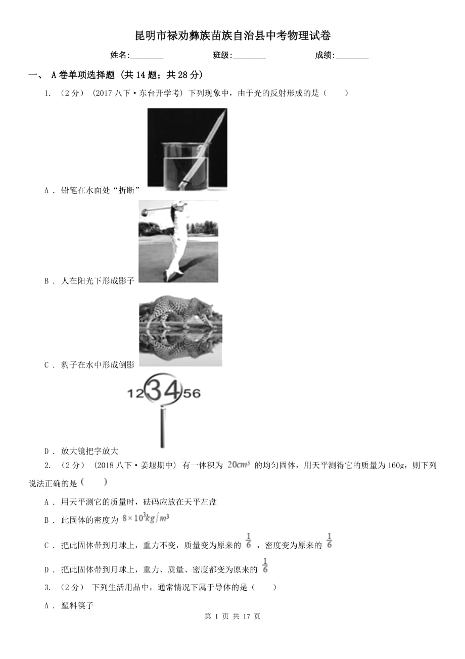 昆明市祿勸彝族苗族自治縣中考物理試卷_第1頁(yè)