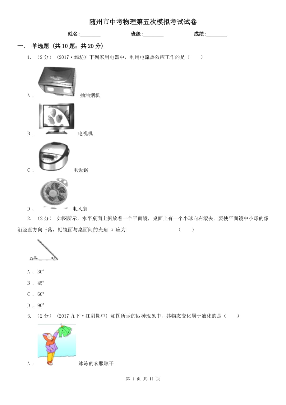 随州市中考物理第五次模拟考试试卷_第1页