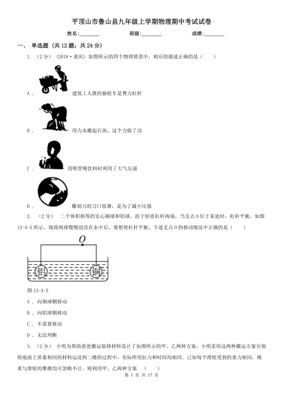 平顶山市鲁山县九年级上学期物理期中考试试卷_第1页