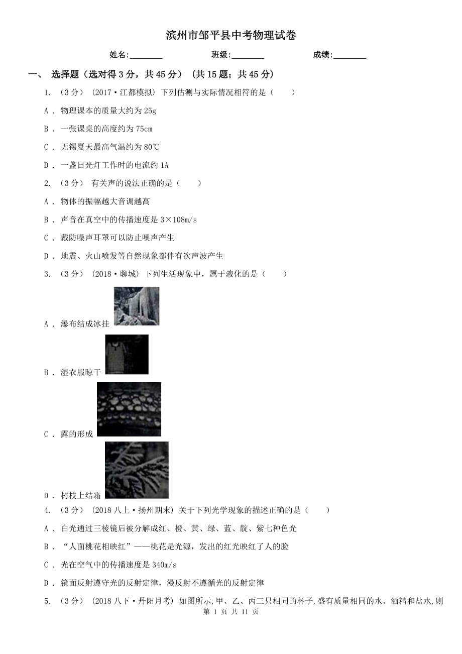 濱州市鄒平縣中考物理試卷_第1頁