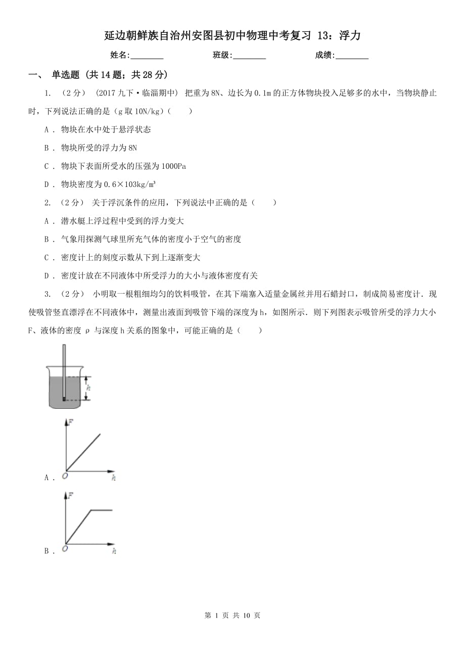 延邊朝鮮族自治州安圖縣初中物理中考復(fù)習(xí) 13：浮力_第1頁