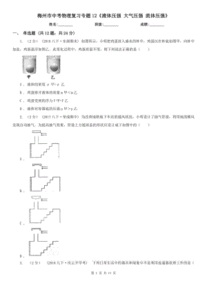 梅州市中考物理復(fù)習(xí)專題12《液體壓強 大氣壓強 流體壓強》