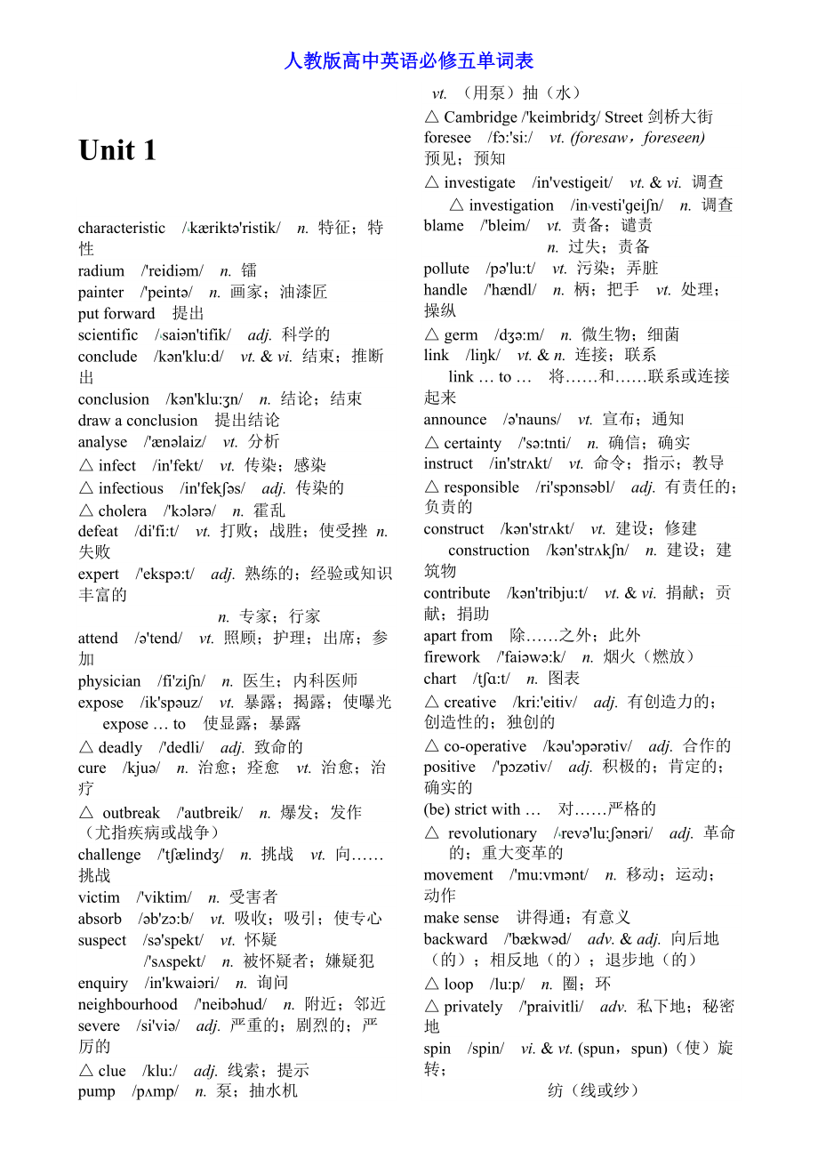 人教版高中英語必修五單詞表_第1頁