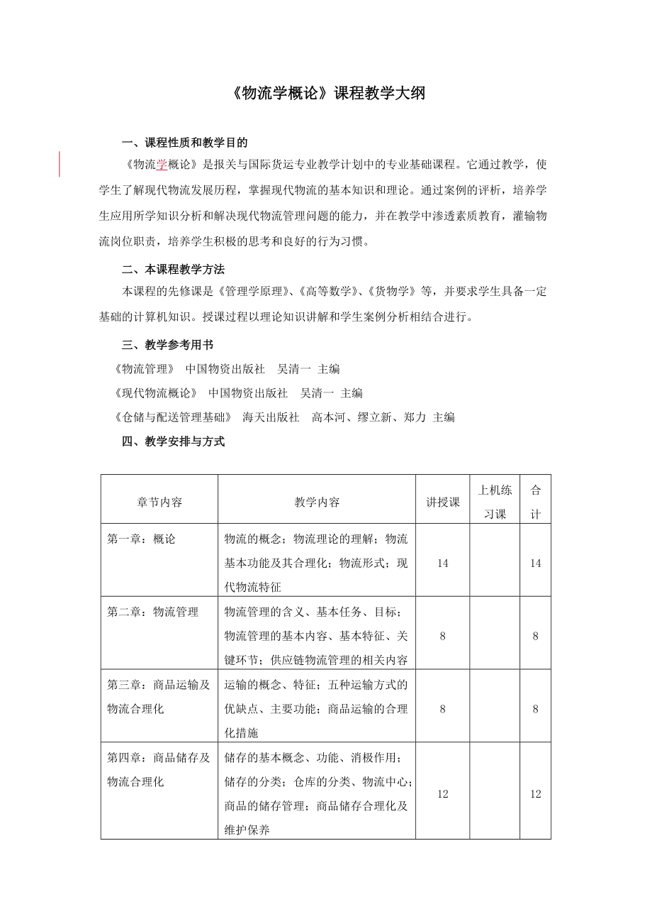 報關?？啤段锪鲗W概論》教學大綱及考試大綱_第1頁