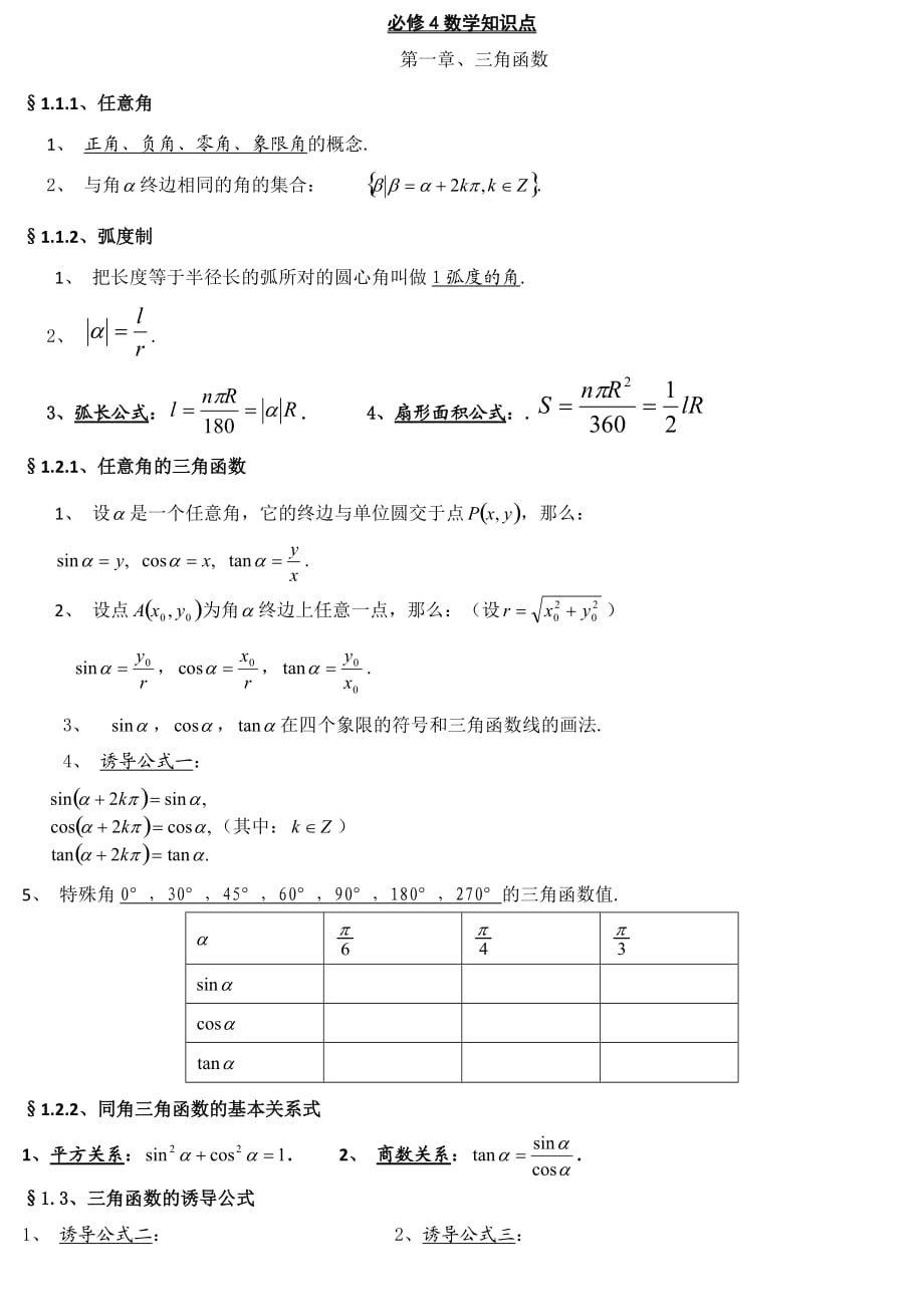 數(shù)學必修四知識點總結_第1頁