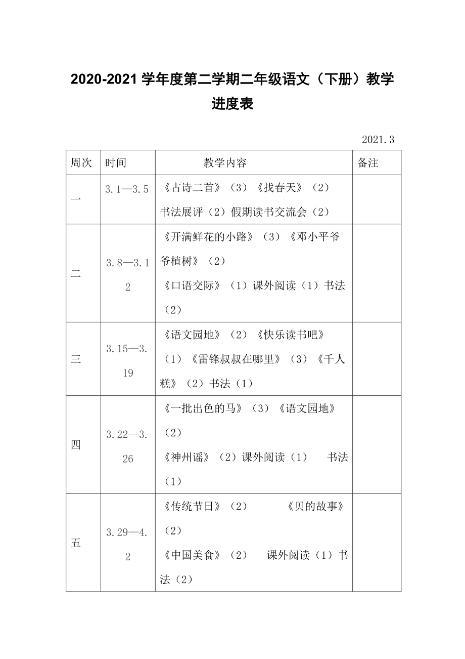 小学语文2021春季 人教部编本二年级语文（下册）教学时间进度表 2020-2021学年度第二学期_第1页