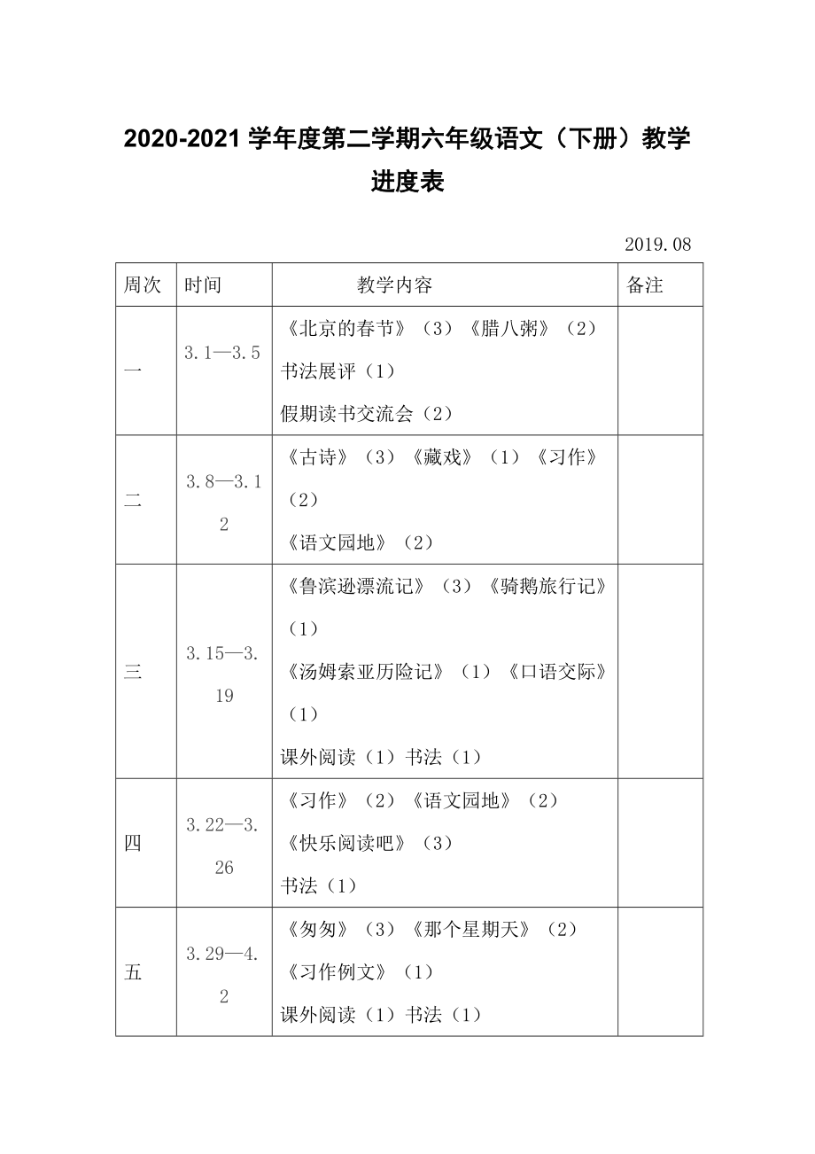 人教部編版新版六年級(jí)語(yǔ)文（下冊(cè)）教學(xué)時(shí)間進(jìn)度表 2020-2021學(xué)年度第二學(xué)期_第1頁(yè)