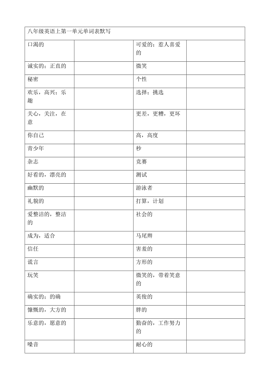 譯林版八年級上冊英語單詞默寫表_第1頁