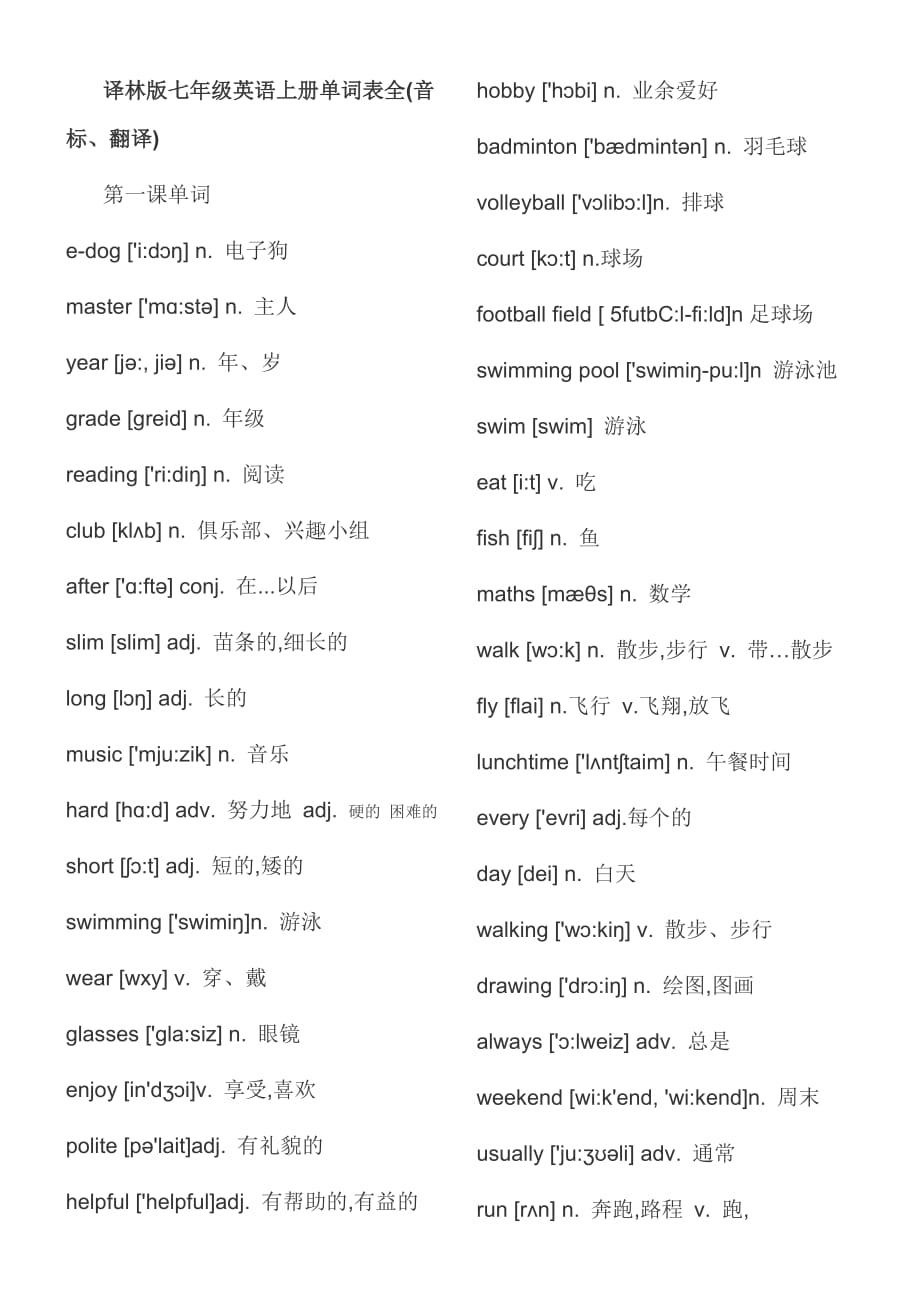 译林版七年级英语上册单词表全_第1页